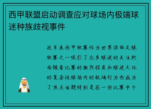 西甲联盟启动调查应对球场内极端球迷种族歧视事件